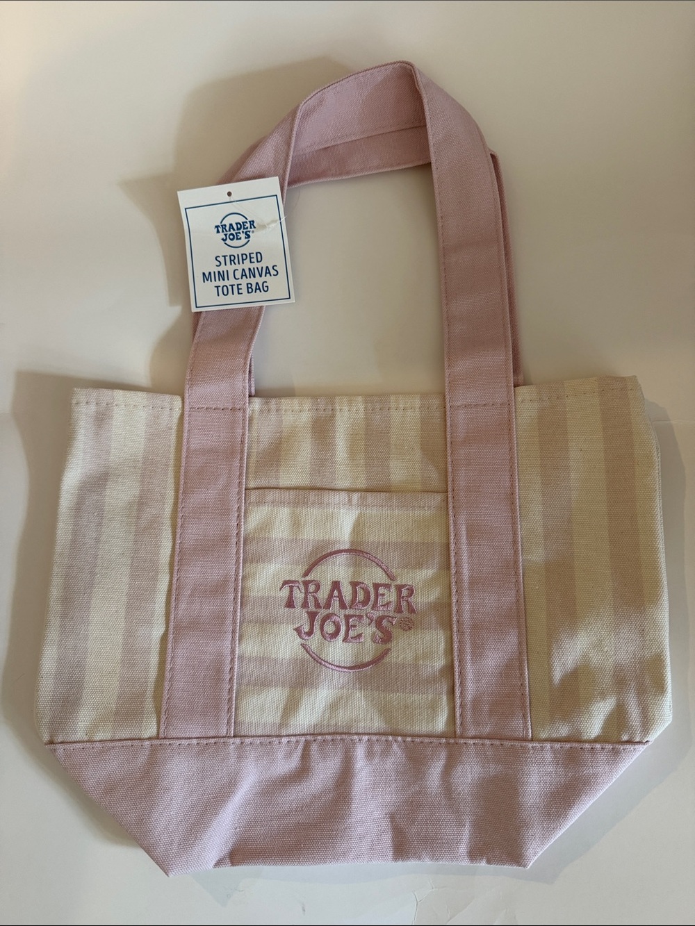 Trader Joe's NWT  Striped Mini Pink and Cream Canvas Tote Bag
